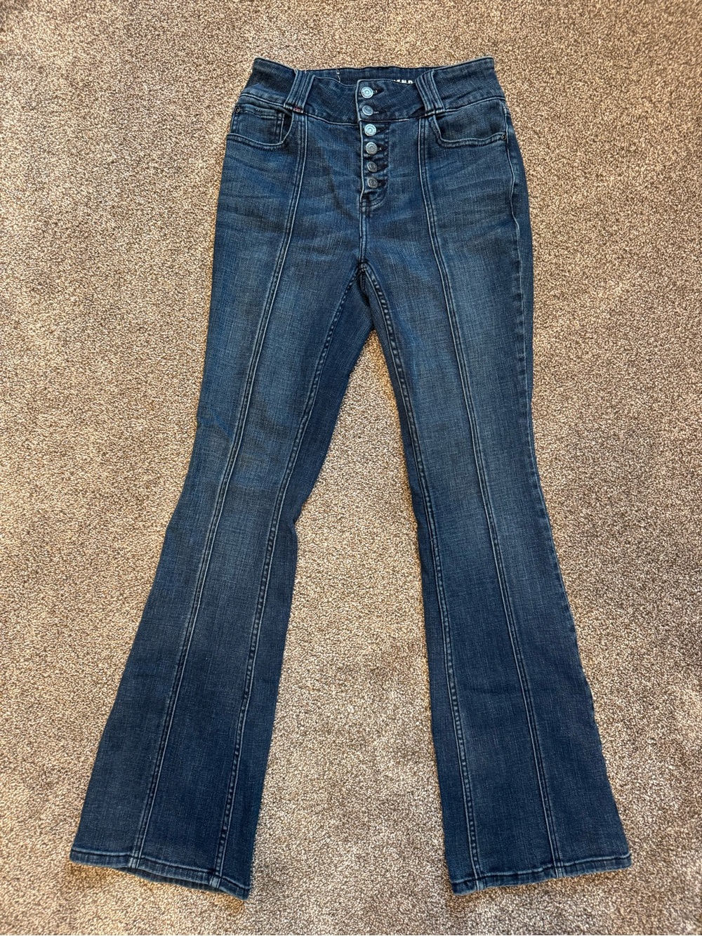 Idyllwind Dark Blue High-Rise Button-Fly Flare Jeans 2 W x 34 L